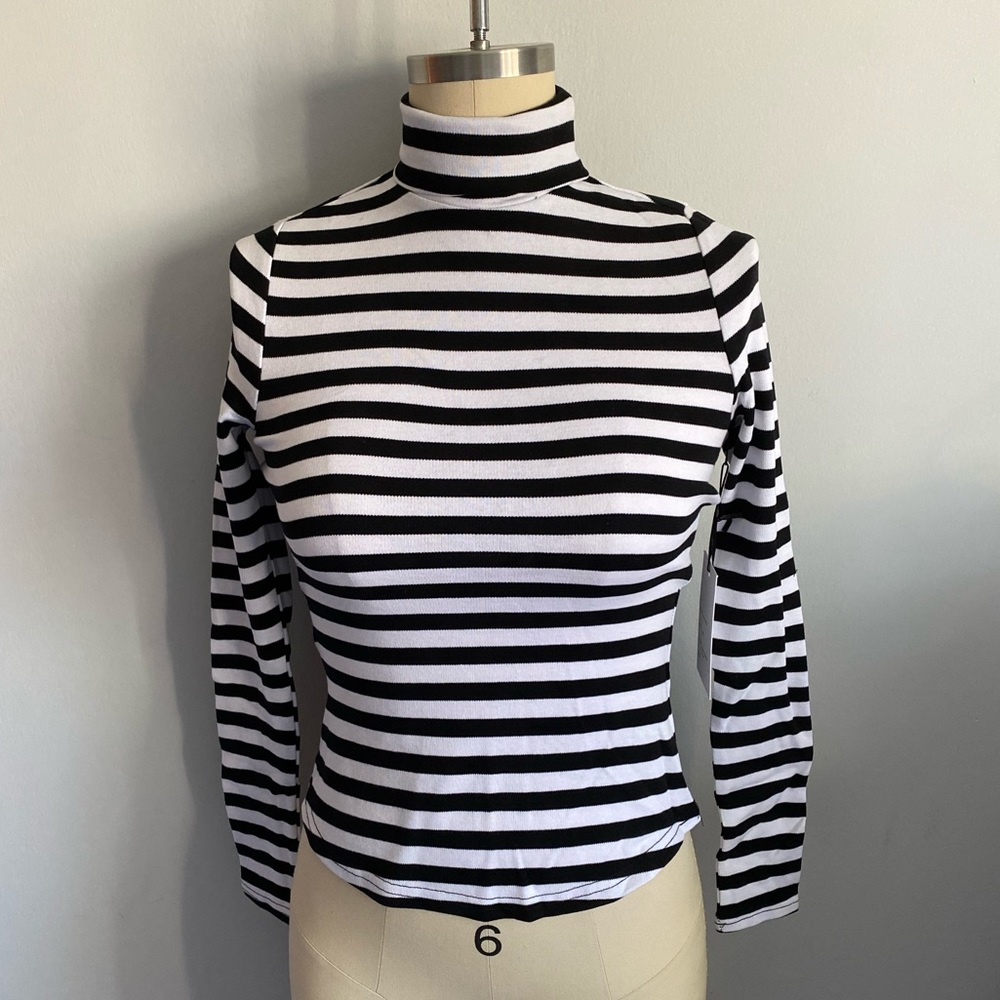 BRAND NEW Unique Vintage Black & White Stripe Turtleneck Cherie Top, Size XS/2